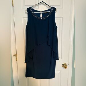 SLNY deep teal sleeveless cocktail dress with Embellished Neckline